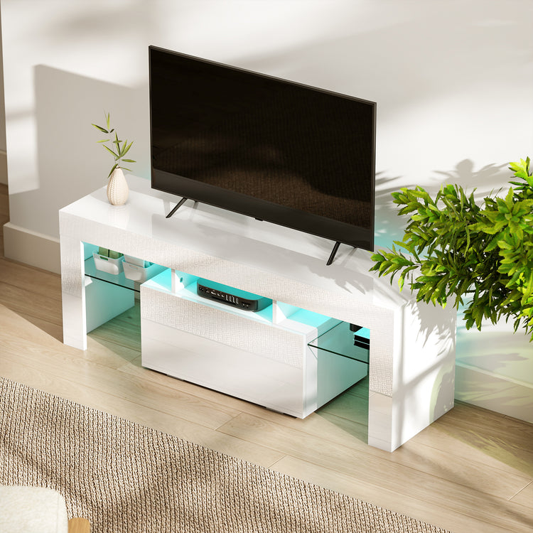 Meuble TV, meuble télé avec éclairage LED RGB, haute brillance, étagères en verre trempé, 120x34x45cm, blanc