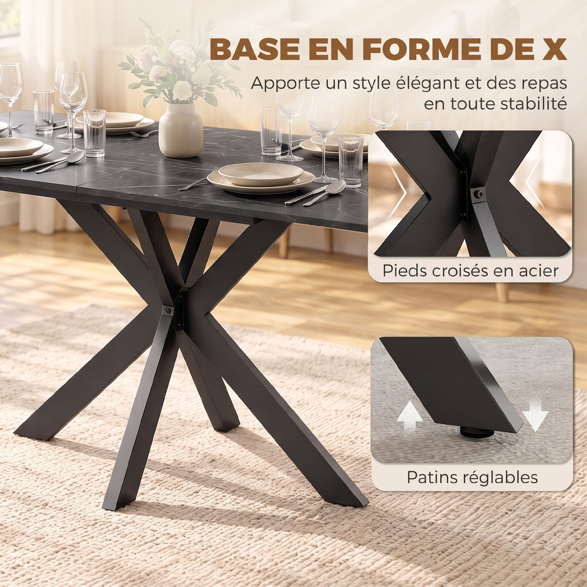 Table à Manger Extensible pour 4 à 8 Personnes, 120-160 cm, Plateau Effet Marbre, Pieds Croisés en Acier, Noir