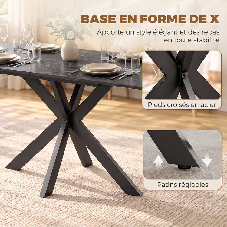 Table à Manger Extensible pour 4 à 8 Personnes, 120-160 cm, Plateau Effet Marbre, Pieds Croisés en Acier, Noir