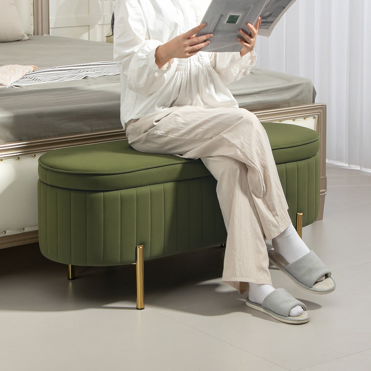 Banc de rangement, bout de lit en velours avec couvercle, pieds en métal, capacité 72 L, 107x42x45,5cm, vert foncé