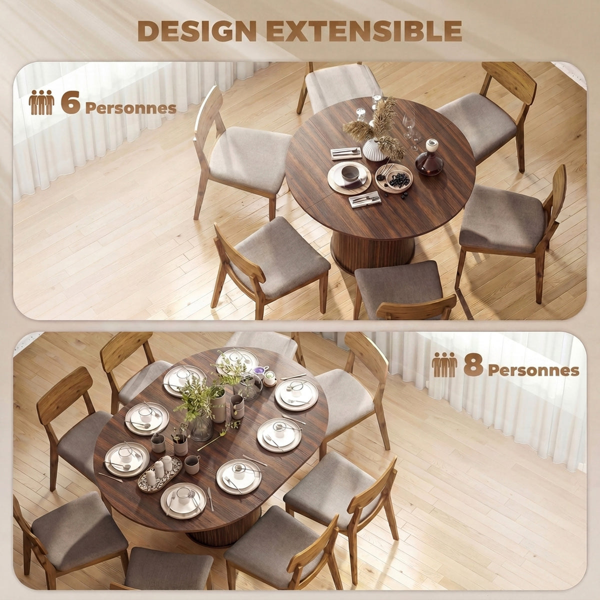 Table à Manger Extensible pour 6 à 8 Personnes, 110-150 cm,Noyer