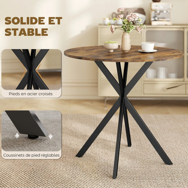 Table à Manger Ronde pour 2 Personnes avec Plateau Aspect Bois et Piètement Croisé en Acier, Brun Rustique