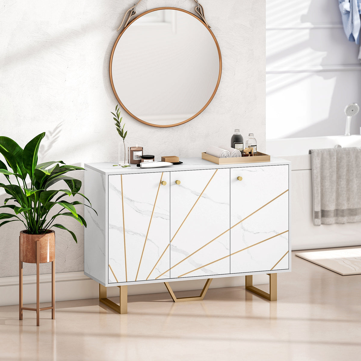 Meuble de rangement buffet salon avec 2 placards 3 portes et étagère réglable, pieds en métal, aspect marbre blanc