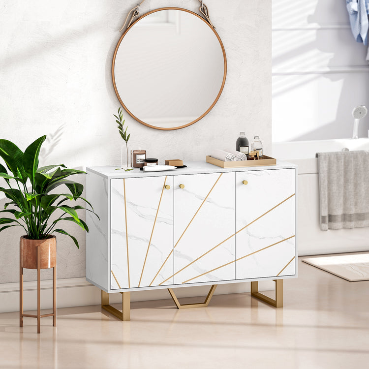 Meuble de rangement buffet salon avec 2 placards 3 portes et étagère réglable, pieds en métal, aspect marbre blanc