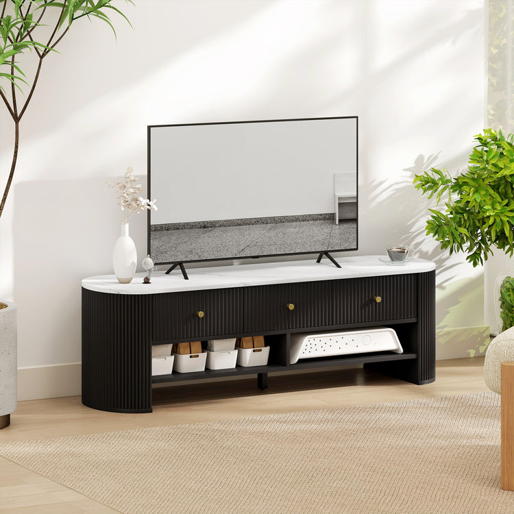 Meuble TV 140 cm, meuble télé pour téléviseur 65 pouces effet marbre avec 3 tiroirs façades à cannelures 2 étagères noir