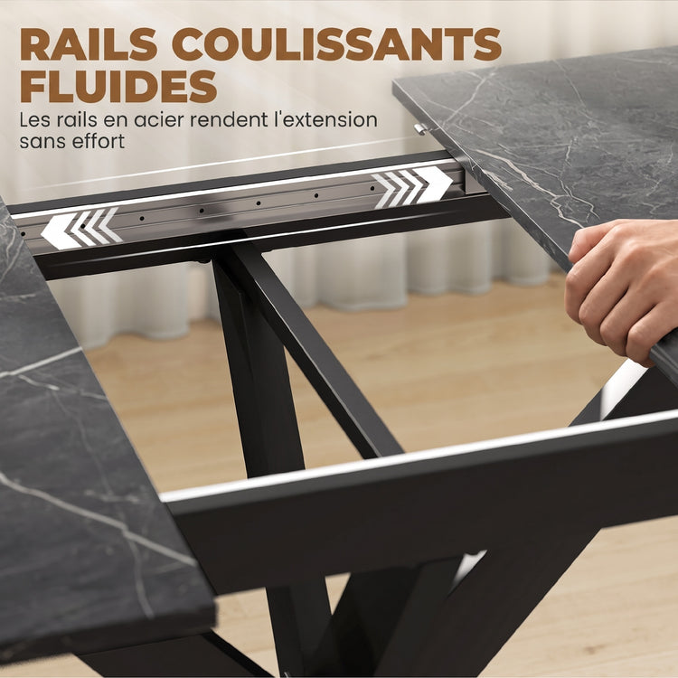 Table à Manger Extensible pour 4 à 8 Personnes, 120-160 cm, Plateau Effet Marbre, Pieds Croisés en Acier, Noir