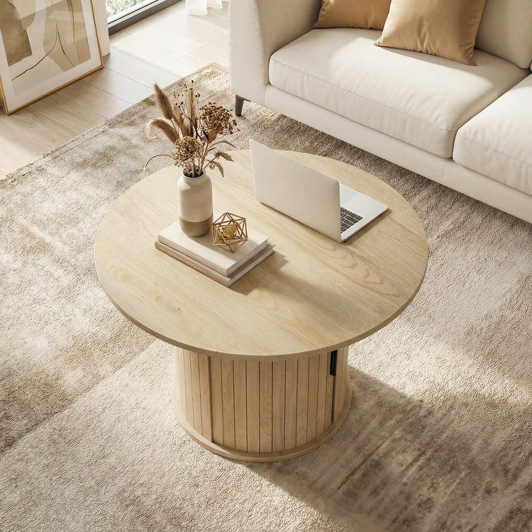 Table basse ronde effet bois naturel avec rangement