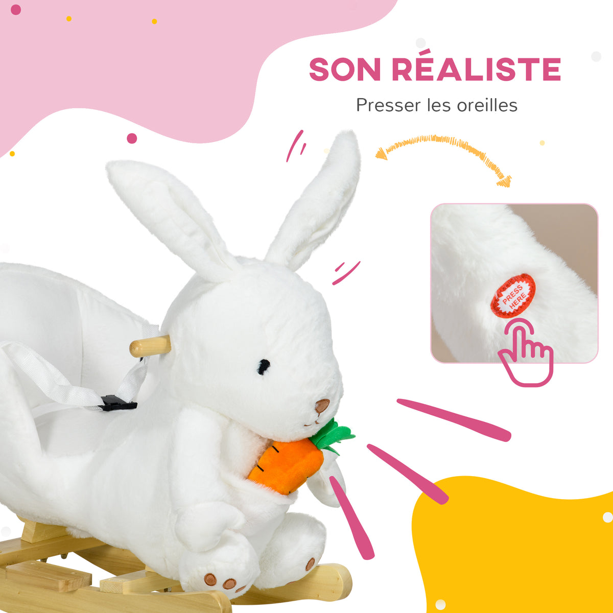 Jouet à bascule modèle lapin fonction musicale selle grand confort peluche courte douce bois peuplier 18-36 mois blanc