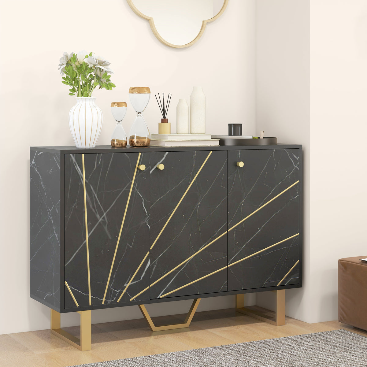 Meuble de rangement buffet salon avec 2 placards 3 portes et étagère réglable, pieds en métal, aspect marbre noir