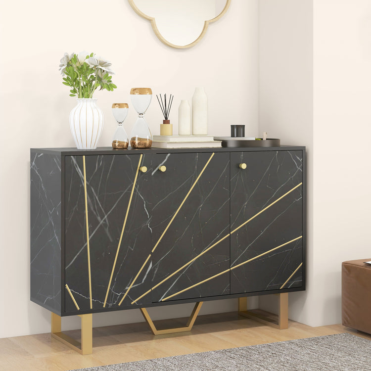 Meuble de rangement buffet salon avec 2 placards 3 portes et étagère réglable, pieds en métal, aspect marbre noir