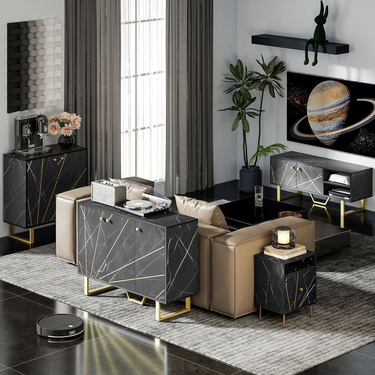Meuble de rangement buffet salon avec 2 placards 3 portes et étagère réglable, pieds en métal, aspect marbre noir