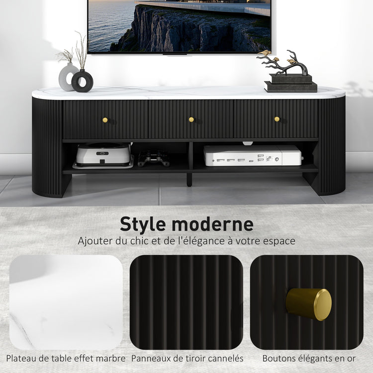Meuble TV 140 cm, meuble télé pour téléviseur 65 pouces effet marbre avec 3 tiroirs façades à cannelures 2 étagères noir