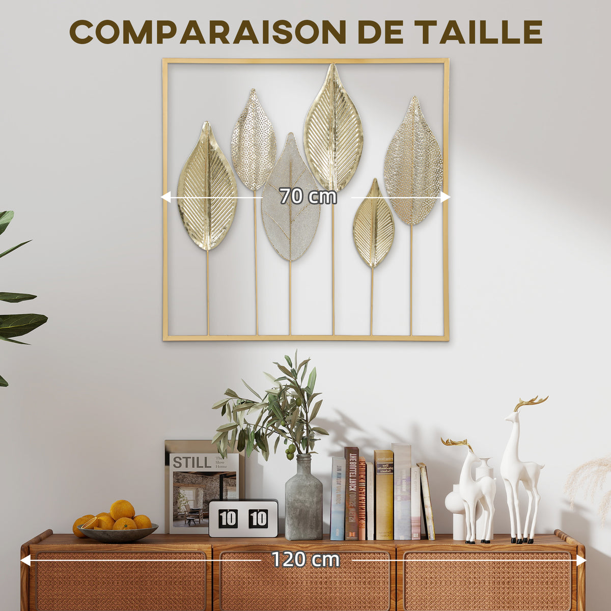 Décoration murale feuille en métal doré – 70 × 70 cm