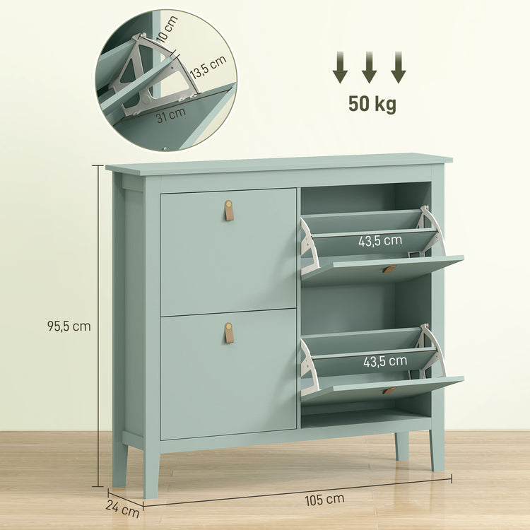 Meuble à chaussures 20 paires, armoire à chaussures avec 4 tiroirs rabattables, étagères amovibles et réglables, vert