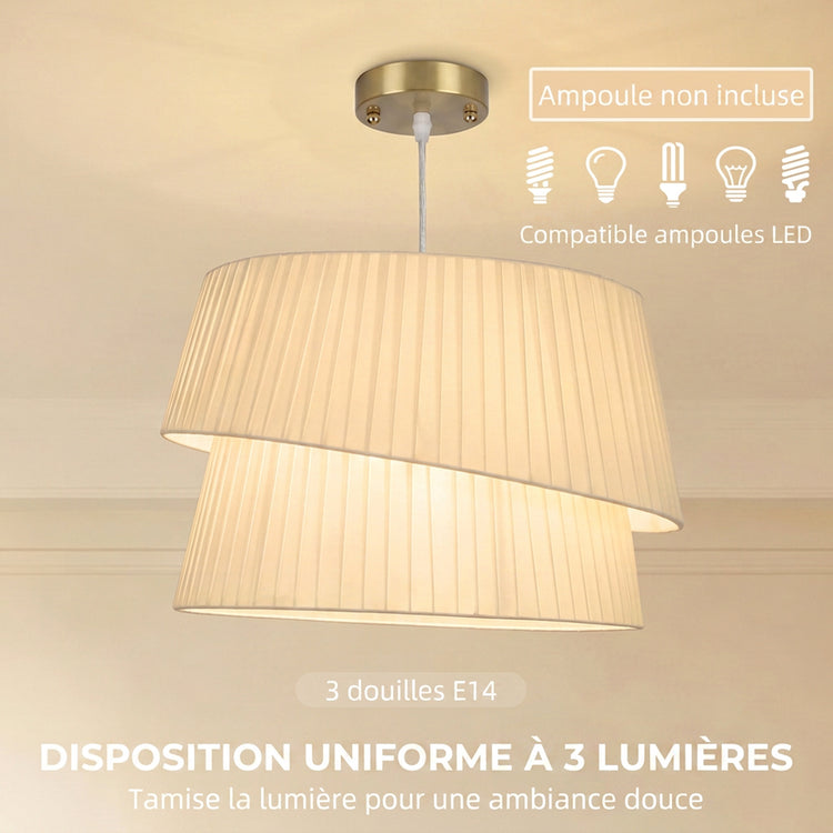 Suspension Luminaire Élégante à Double Abat-Jour, Rosace Dorée, Câble Réglable, Ampoule Non Incluse E14 40 W, Blanc
