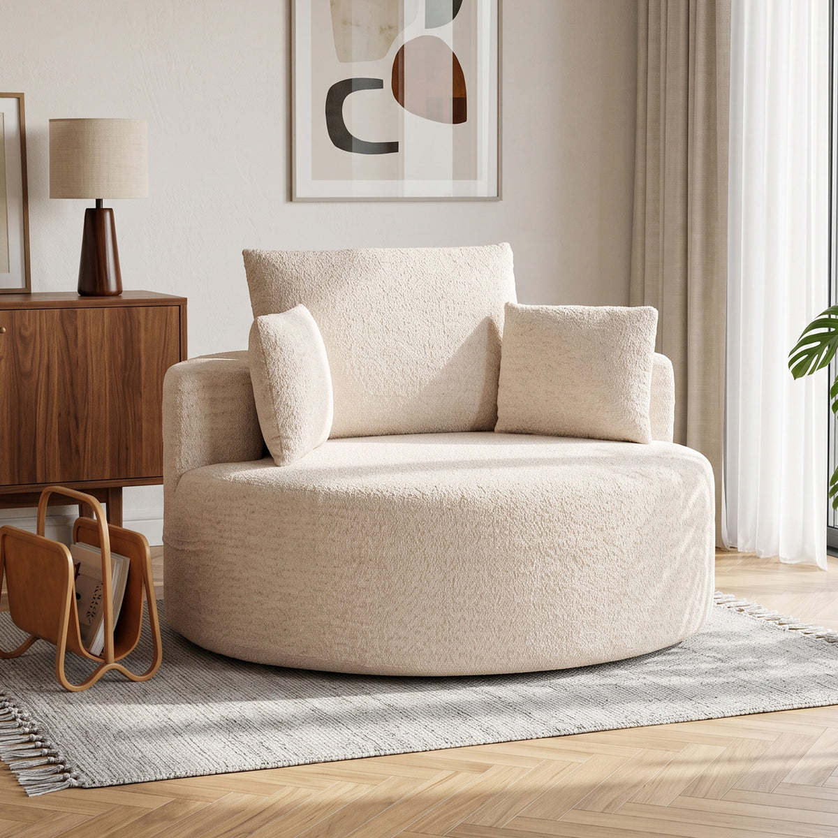 Pouf-canapé rond en chenille crème – 130 cm