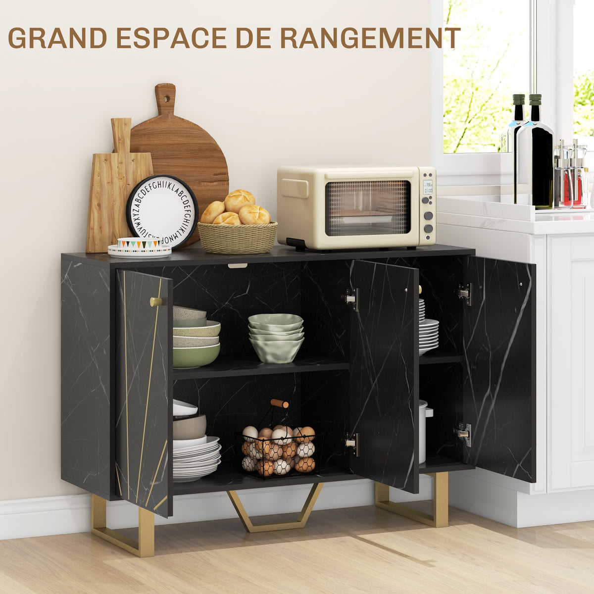 Meuble de rangement buffet salon avec 2 placards 3 portes et étagère réglable, pieds en métal, aspect marbre noir