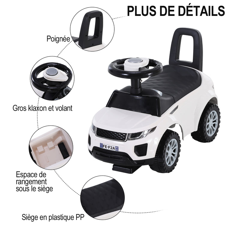 Porteur Enfant Véhicule à Pousser, Porteur Bébé avec Klaxon, Compteurs Factices et Coffre à Jouets, pour Enfants de 12 à 36 Mois, Blanc