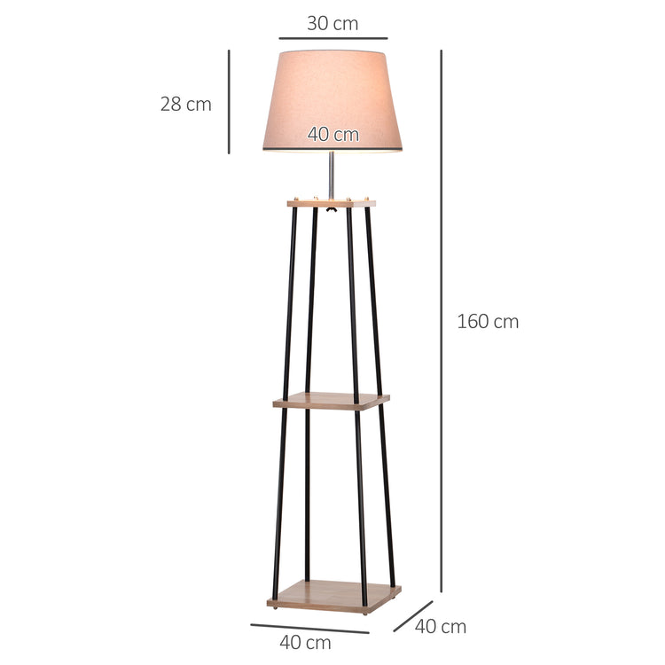 Lampadaire design contemporain dim. 40L x 40l x 160H cm 40 W max. 3 étagères intégrées bois massif pin métal noir lin beige