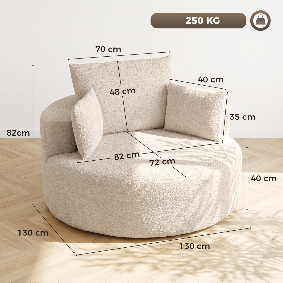 Pouf-canapé rond en chenille crème – 130 cm