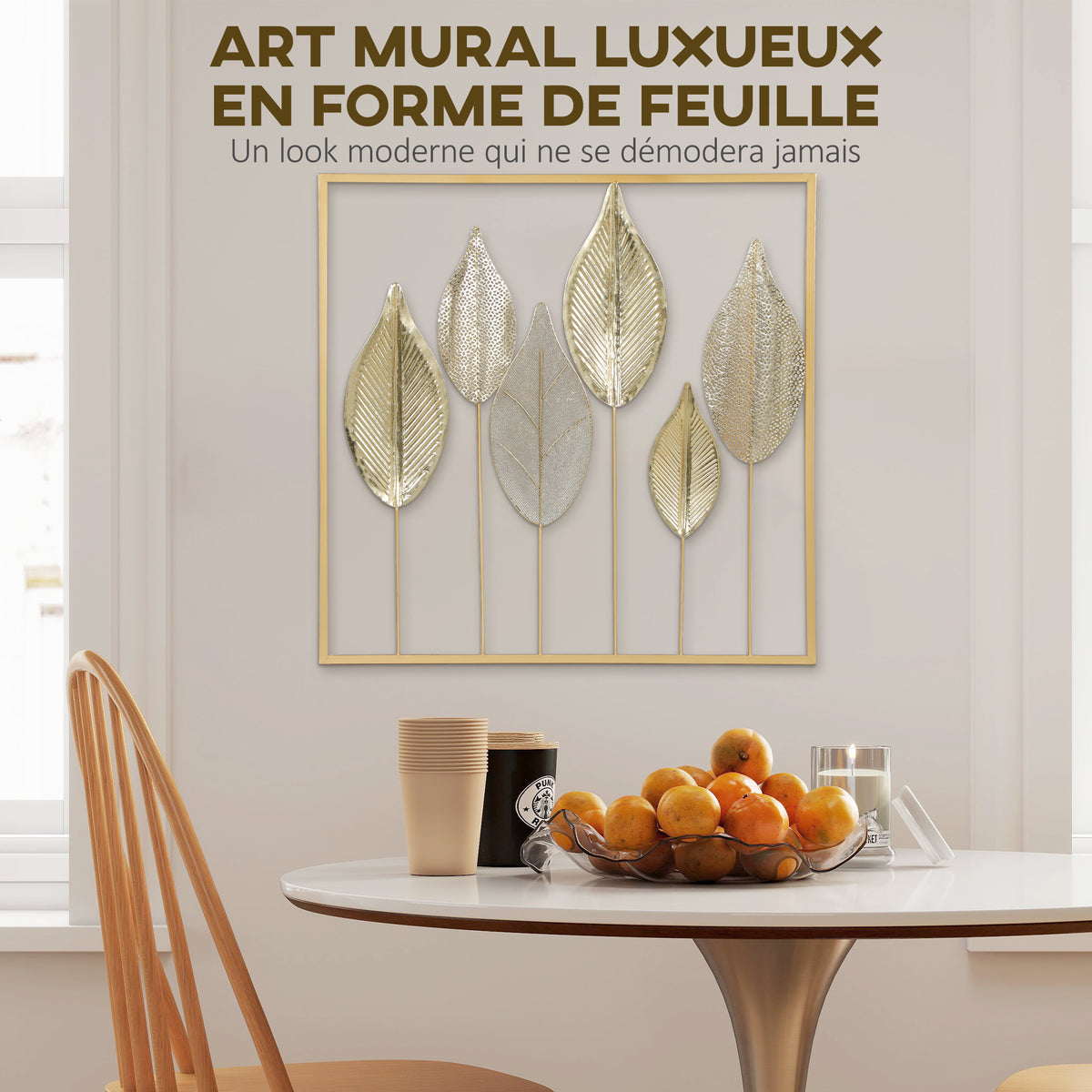 Décoration murale feuille en métal doré – 70 × 70 cm