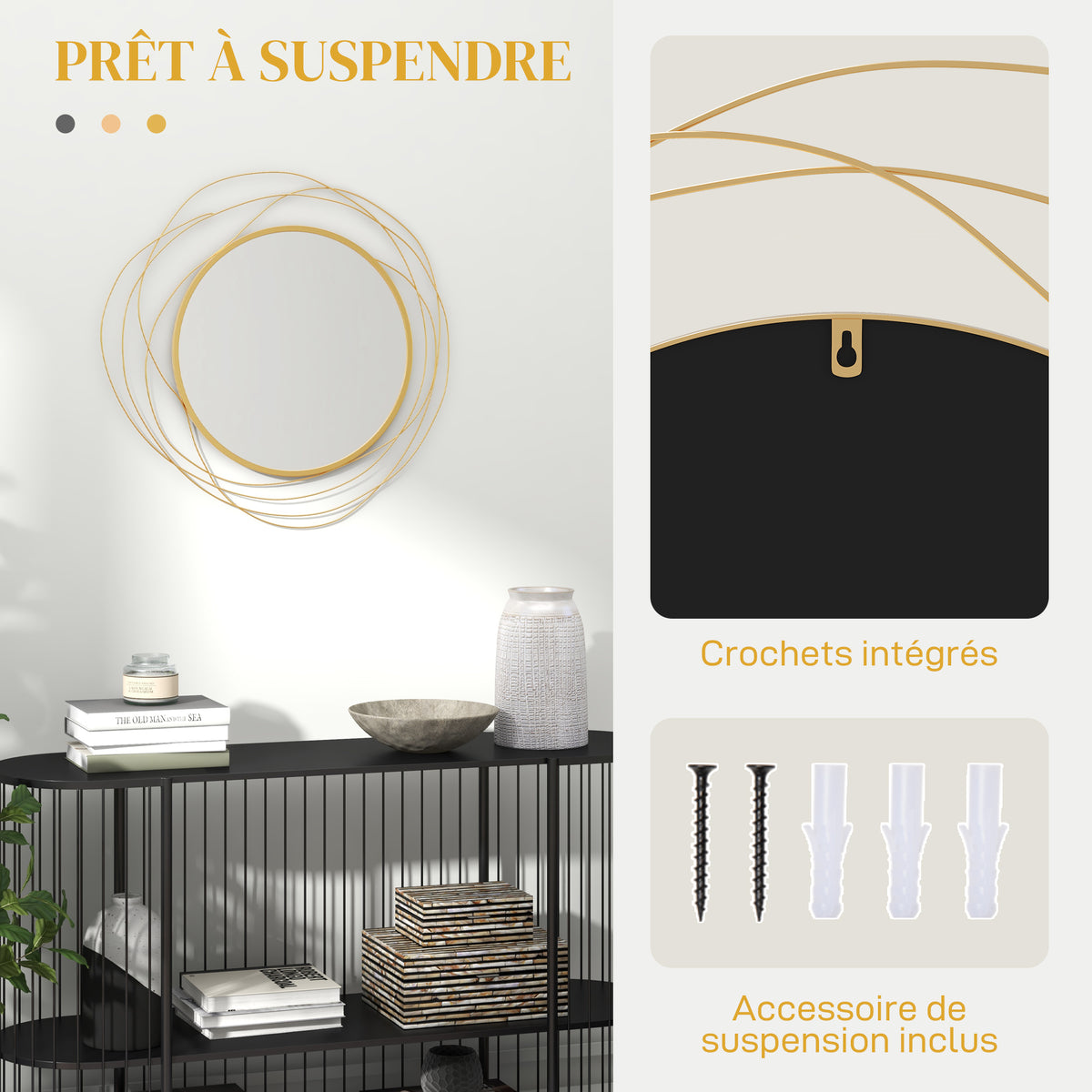 Miroir rond en métal doré – Ø 65 cm