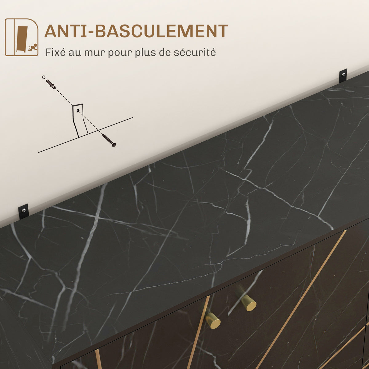Meuble de rangement buffet salon avec 2 placards 3 portes et étagère réglable, pieds en métal, aspect marbre noir