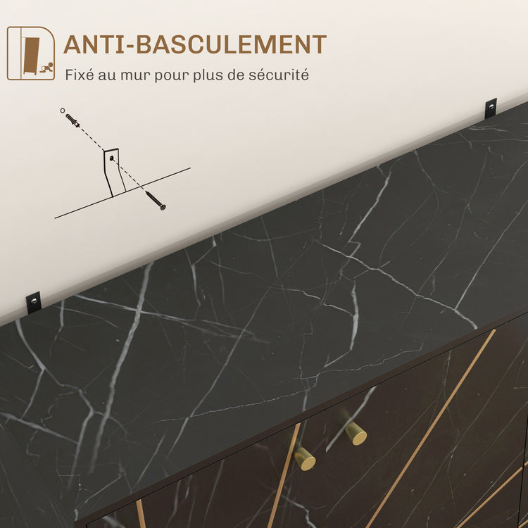 Meuble de rangement buffet salon avec 2 placards 3 portes et étagère réglable, pieds en métal, aspect marbre noir