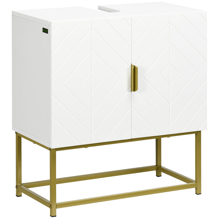 Meuble sous lavabo meuble de salle de bain avec placard double porte pieds en acier doré 60 x 30 x 65 cm blanc