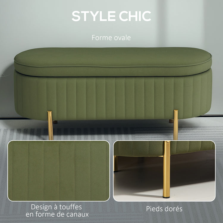 Banc de rangement, bout de lit en velours avec couvercle, pieds en métal, capacité 72 L, 107x42x45,5cm, vert foncé
