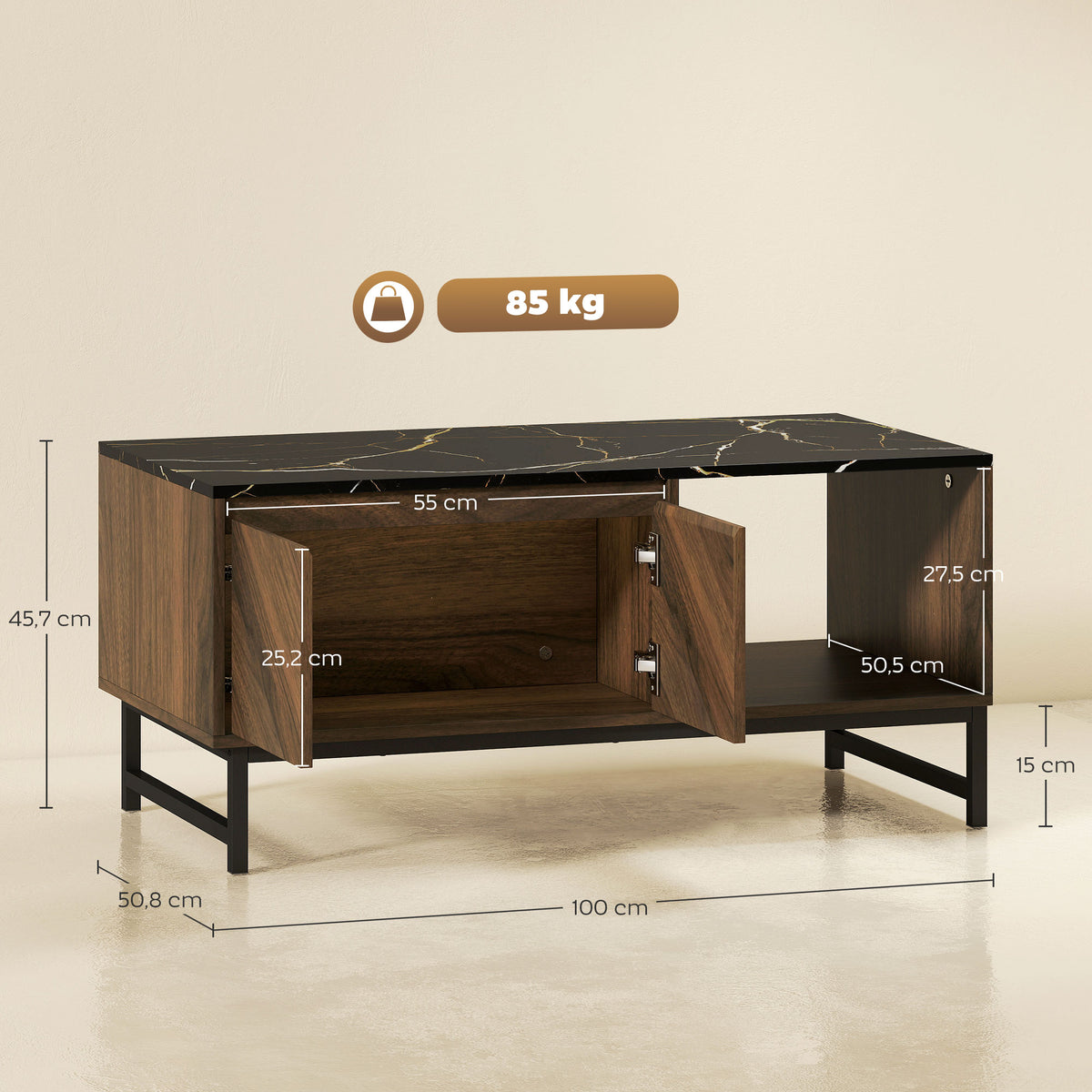 Table basse effet marbre et noyer avec rangements – 100 cm