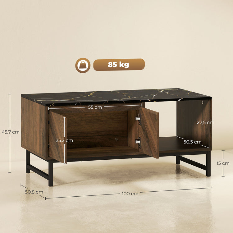 Table basse effet marbre et noyer avec rangements – 100 cm