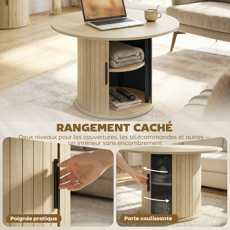 Table basse ronde effet bois naturel avec rangement
