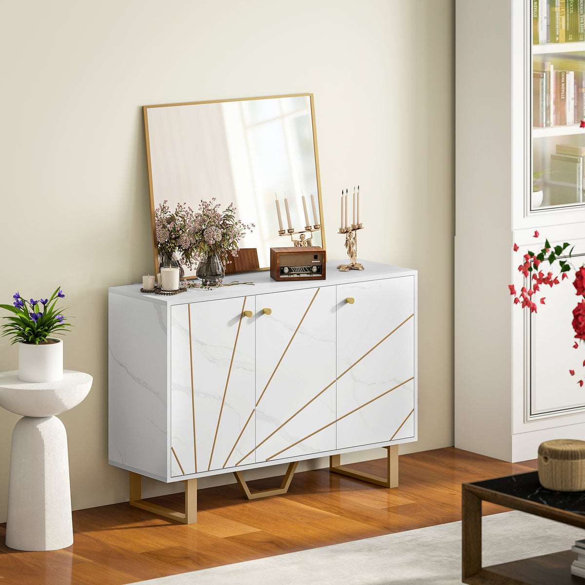 Meuble de rangement buffet salon avec 2 placards 3 portes et étagère réglable, pieds en métal, aspect marbre blanc