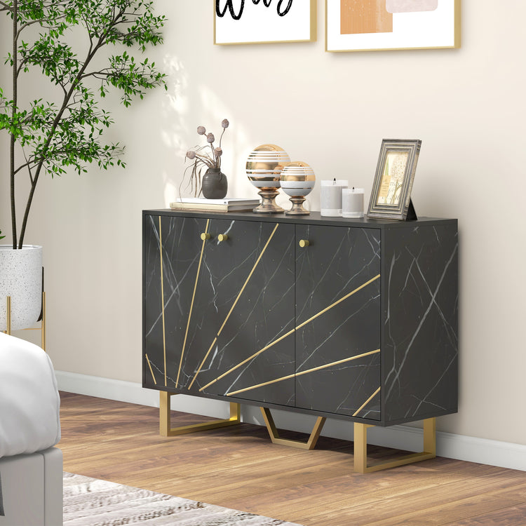 Meuble de rangement buffet salon avec 2 placards 3 portes et étagère réglable, pieds en métal, aspect marbre noir