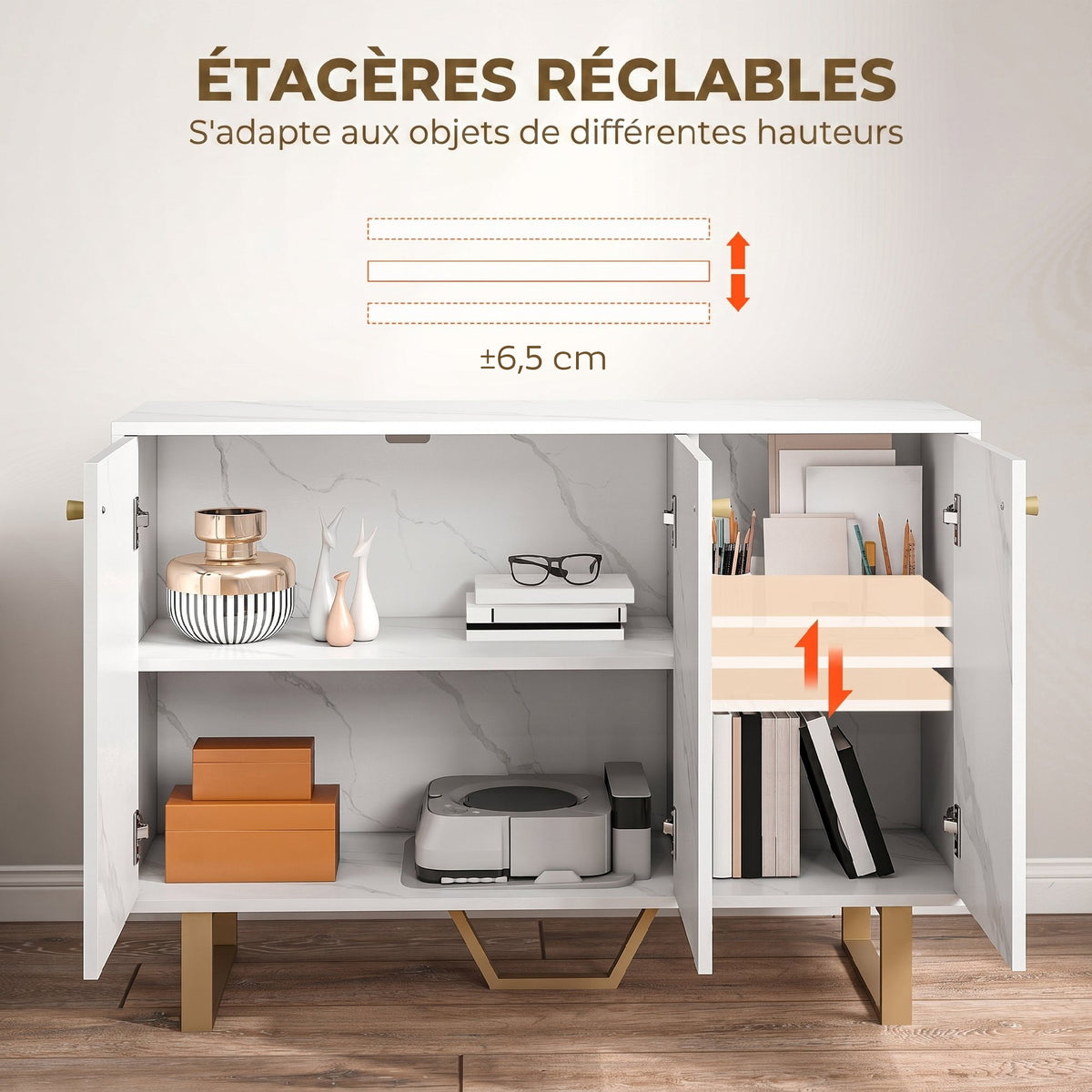 Meuble de rangement buffet salon avec 2 placards 3 portes et étagère réglable, pieds en métal, aspect marbre blanc