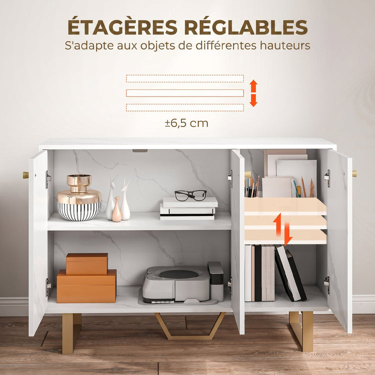 Meuble de rangement buffet salon avec 2 placards 3 portes et étagère réglable, pieds en métal, aspect marbre blanc