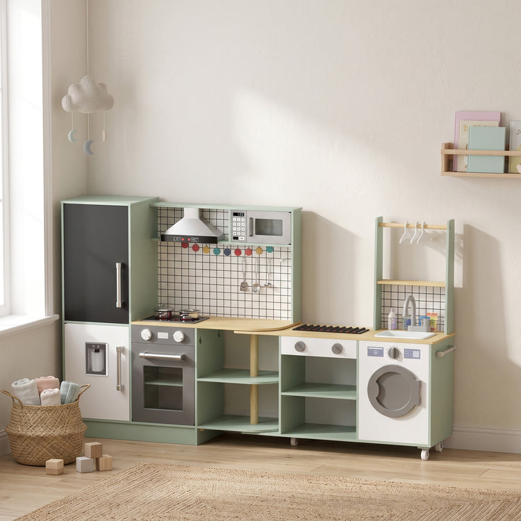 Cuisine Enfant Jouet d'Imitation, Micro-Ondes, Four, Plateau Rotatif sur Roulettes, 160x32x97,5cm, Vert Clair