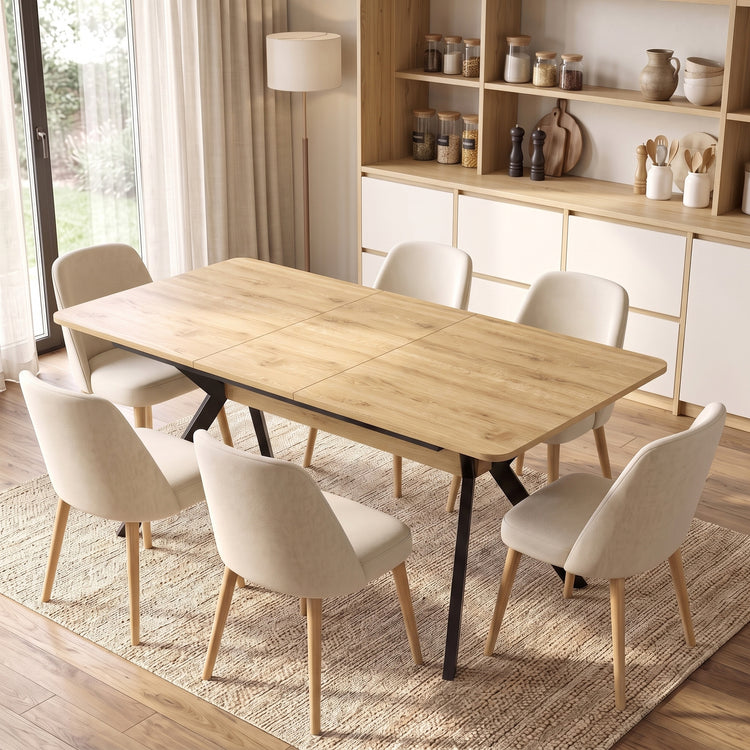 Table à Manger Extensible pour 4 à 6 Personnes, 130-170 cm, Table de Cuisine Rectangulaire, Bords Arrondis, Chêne