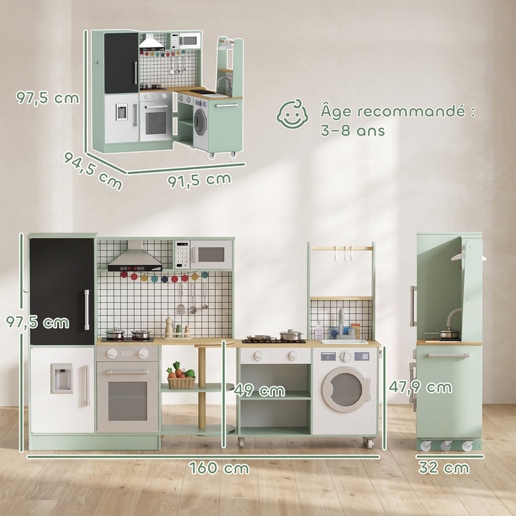 Cuisine Enfant Jouet d'Imitation, Micro-Ondes, Four, Plateau Rotatif sur Roulettes, 160x32x97,5cm, Vert Clair