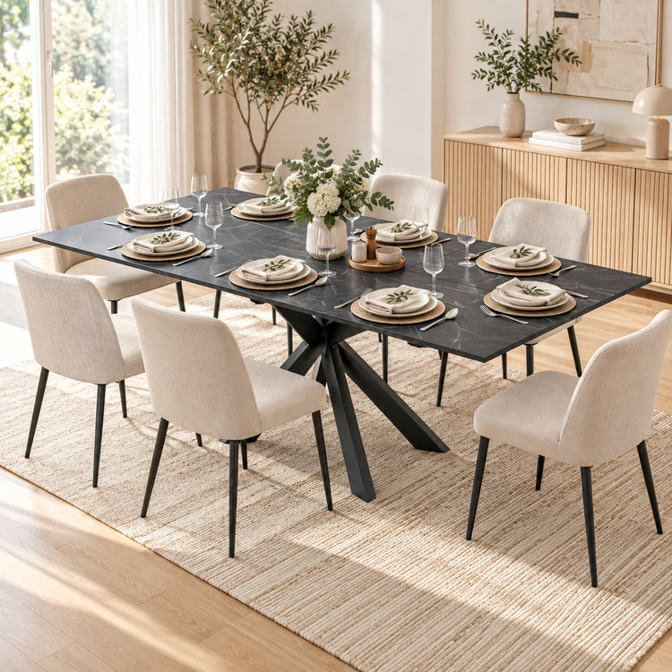 Table à Manger Extensible pour 4 à 8 Personnes, 120-160 cm, Plateau Effet Marbre, Pieds Croisés en Acier, Noir