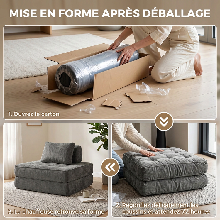 Étapes de mise en forme de la chauffeuse après déballage, en français