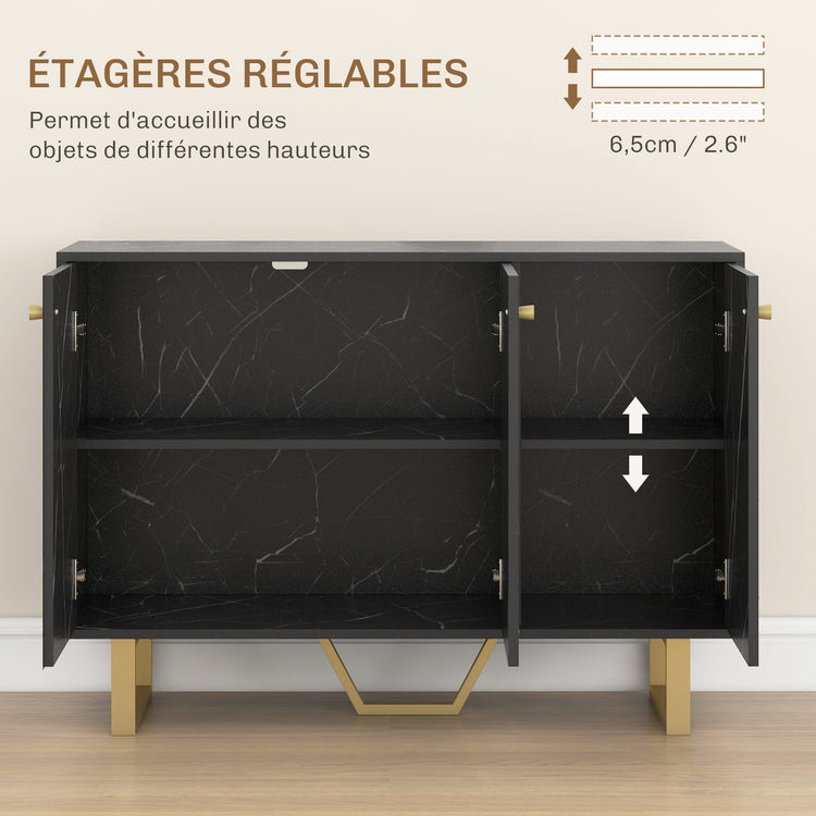 Meuble de rangement buffet salon avec 2 placards 3 portes et étagère réglable, pieds en métal, aspect marbre noir