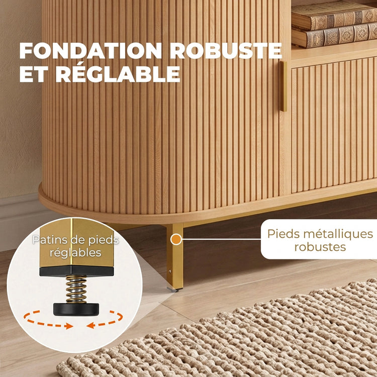 Meuble TV chêne avec rangements et prises – 140 cm