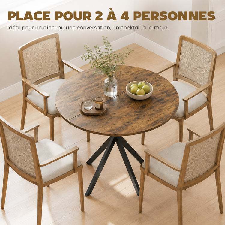 Table à Manger Ronde pour 2 Personnes avec Plateau Aspect Bois et Piètement Croisé en Acier, Brun Rustique