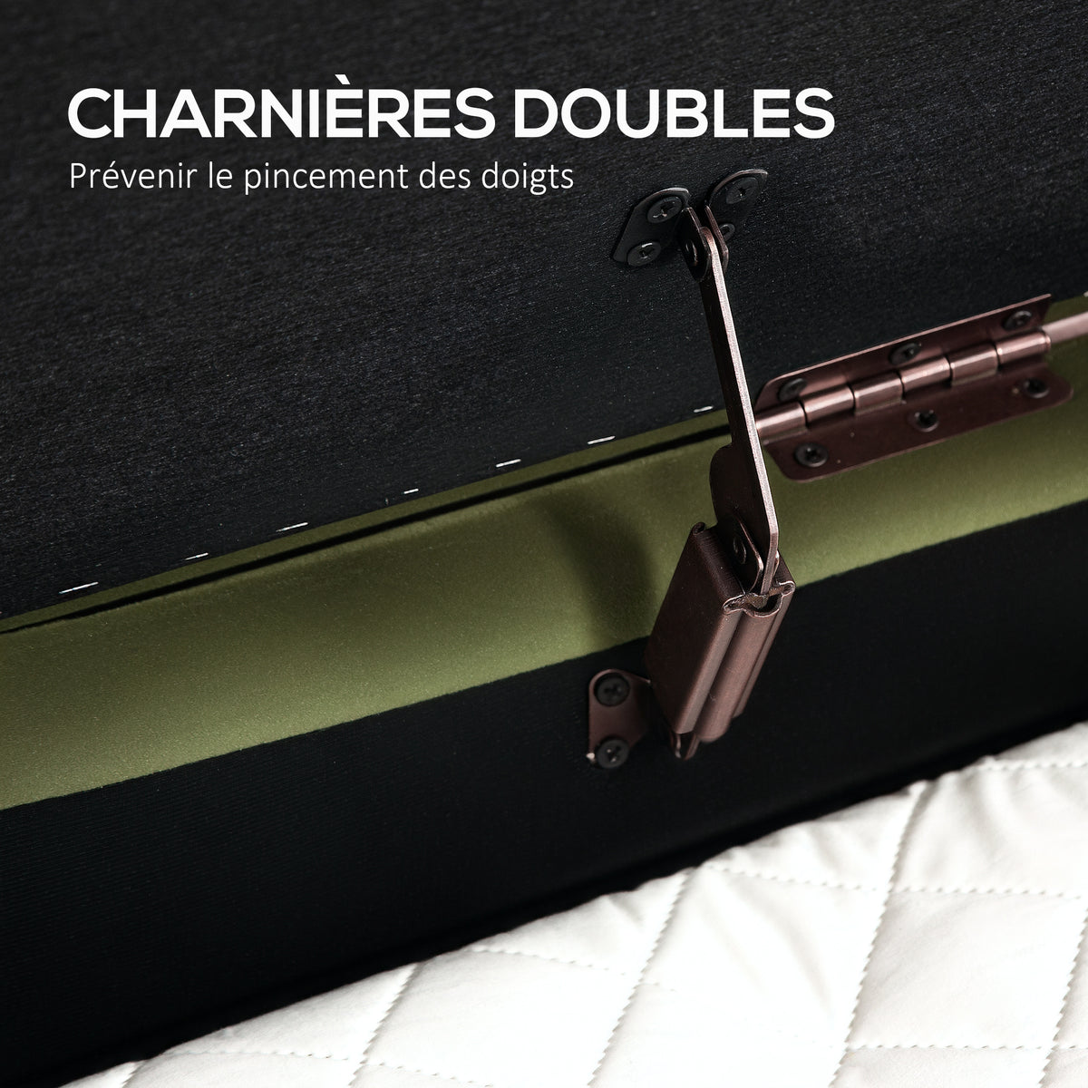 Banc de rangement, bout de lit en velours avec couvercle, pieds en métal, capacité 72 L, 107x42x45,5cm, vert foncé