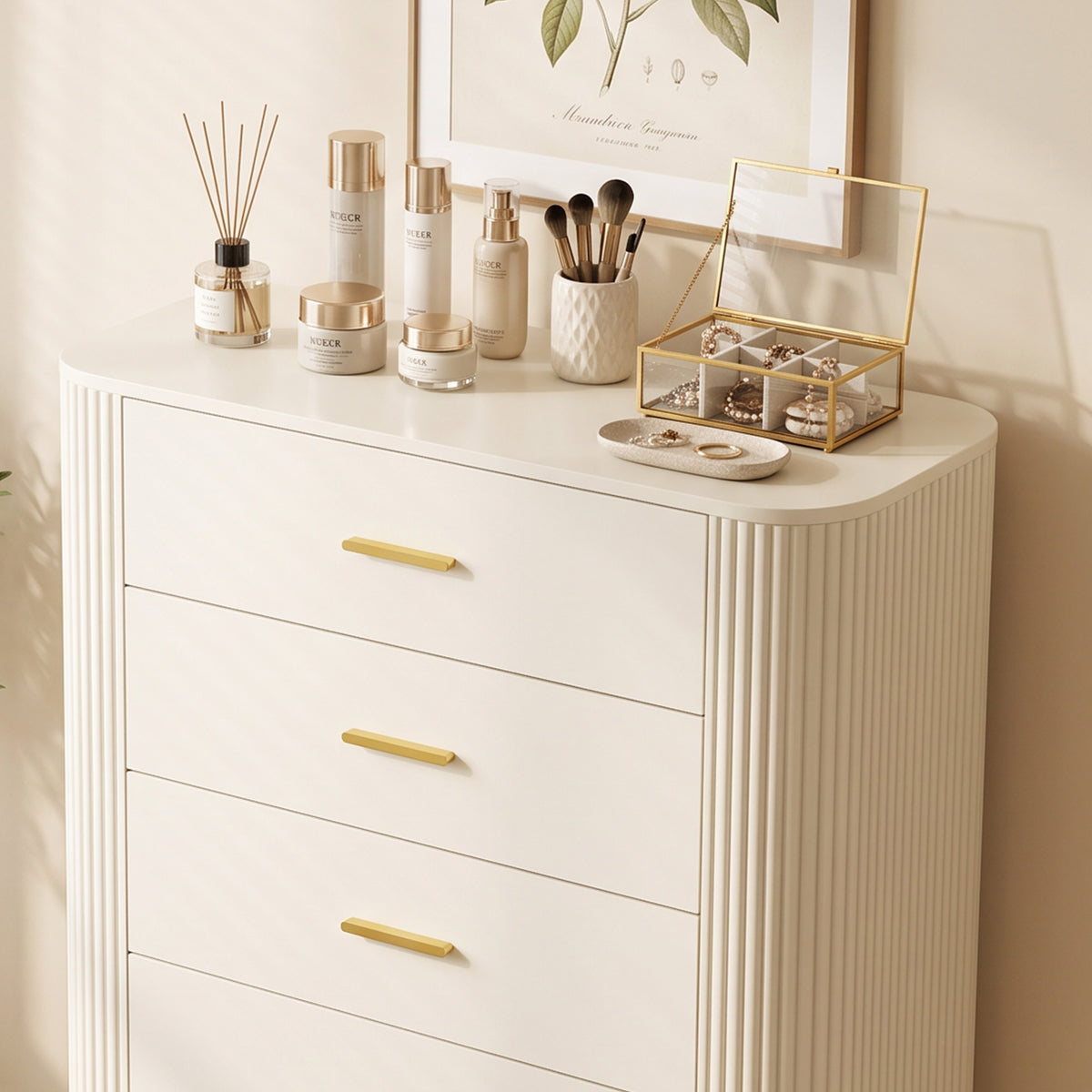 Commode 5 Tiroirs, Meuble de Rangement avec Façades Rainurées et Pieds en Métal, Style Moderne, 90x44x120cm, Gris Clair