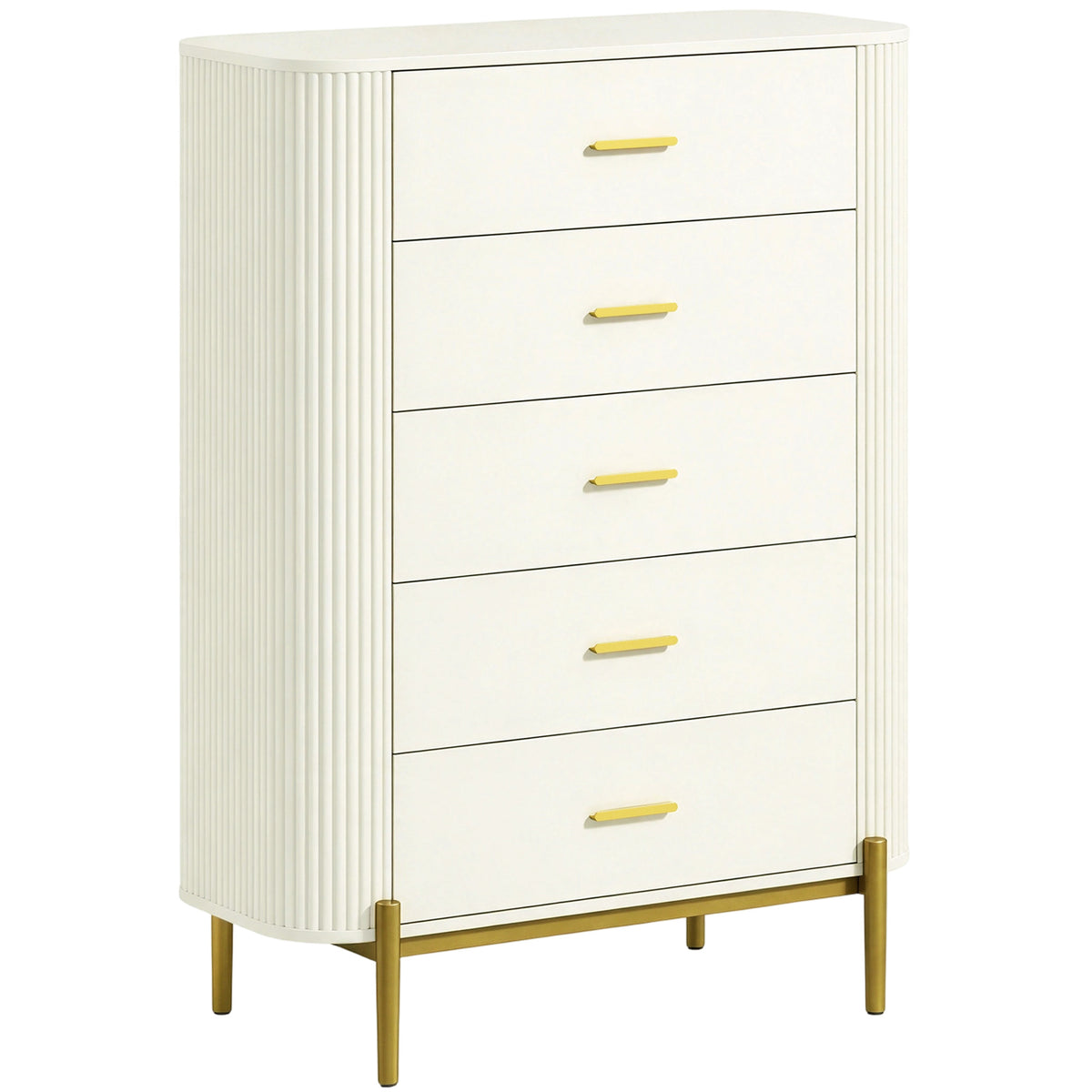 Commode 5 Tiroirs, Meuble de Rangement avec Façades Rainurées et Pieds en Métal, Style Moderne, 90x44x120cm, Gris Clair