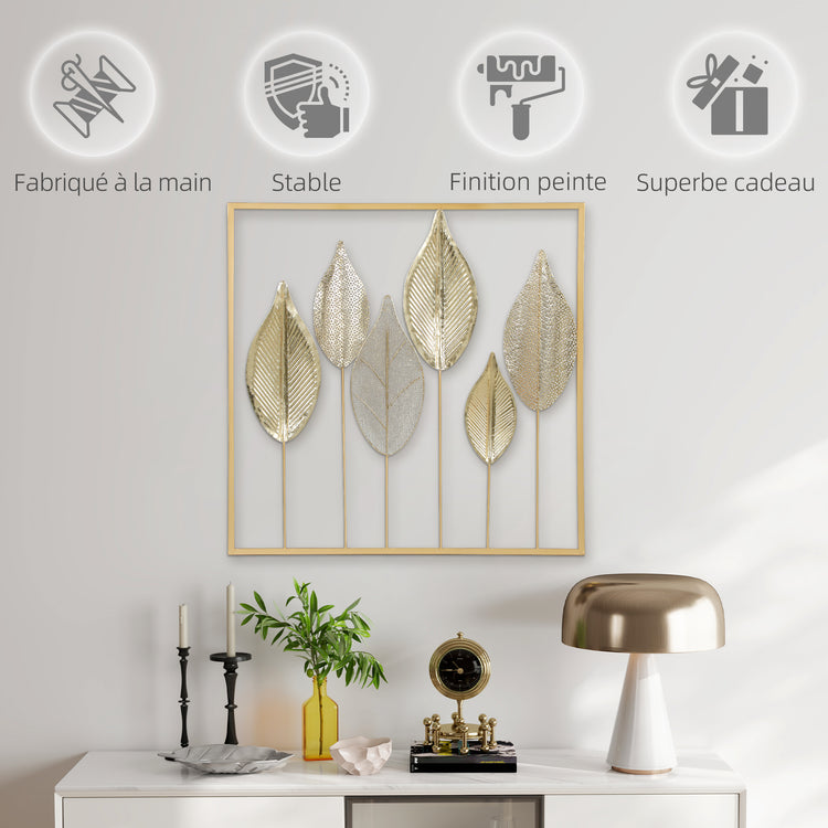 Décoration murale feuille en métal doré – 70 × 70 cm
