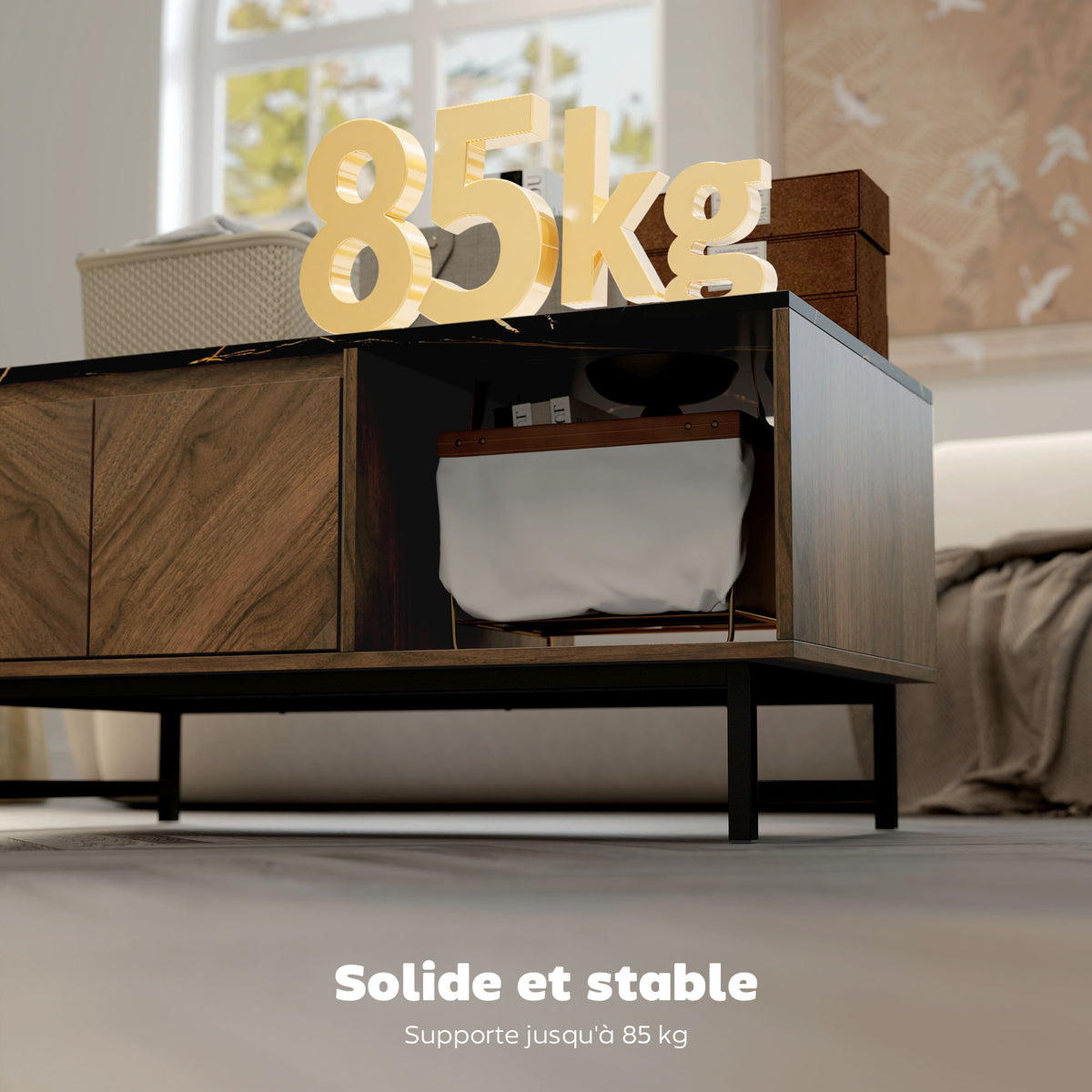 Table basse effet marbre et noyer avec rangements – 100 cm